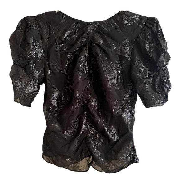 FRAME DENIM Ruched Metallic Jacquard Ruched Puff Short Sleeve Keyhole Blouse Top - Picture 9 of 11